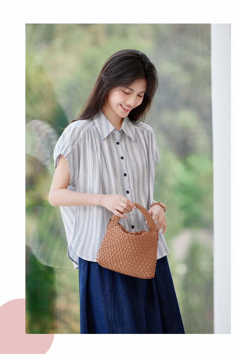 Áo sơ mi nữ tay ngắn dáng nhỏ phong cách đơn giản thời trang hè — màu xanh chi tiết 1