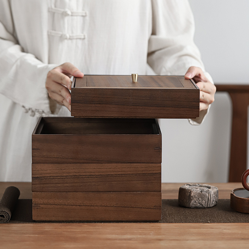 Venta al por mayor nogal Pu'er caja de té multi-capa apilable hogar de madera sólida caja de almacenamiento de pastel de té caja de almacenamiento de té bandeja de Té