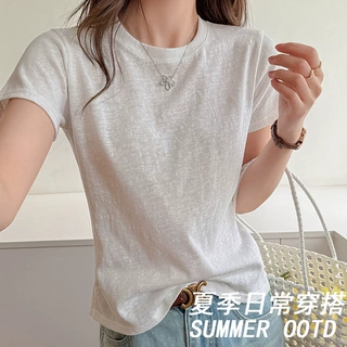 小圆领雪花棉基础款正肩短袖t恤女装宽松韩系夏季薄款高级感上衣