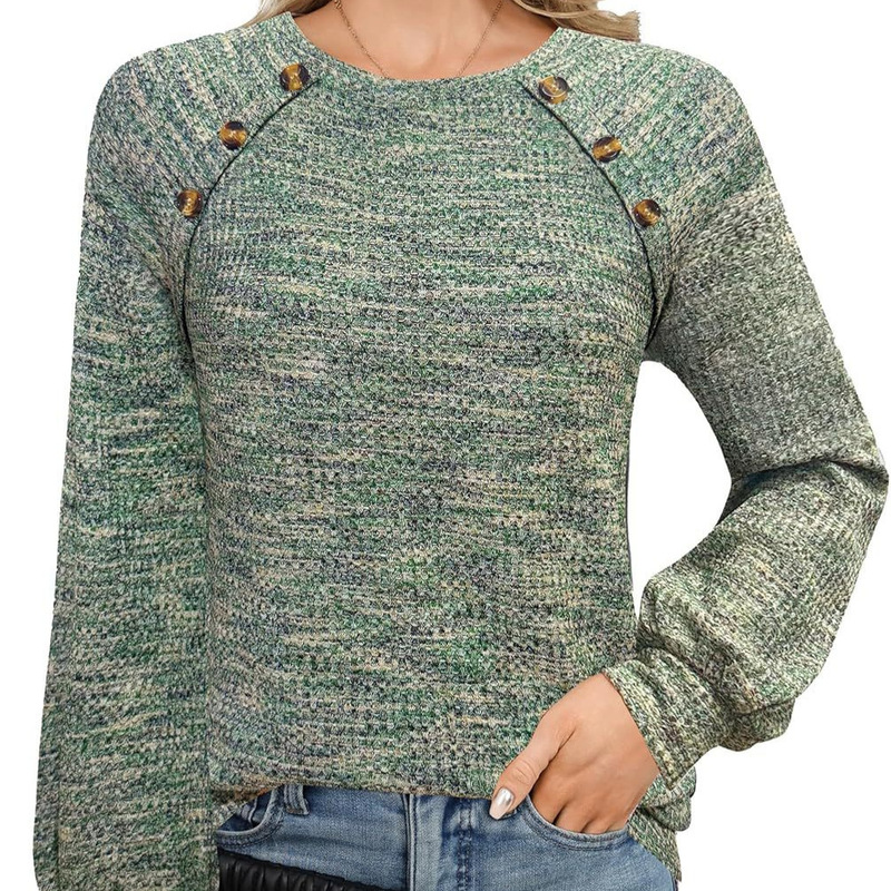 2026 Autumn Women's Casual Waffle Knit Long Sleeve Shirt with Round Neck and Buttoned Raglan Sleeves