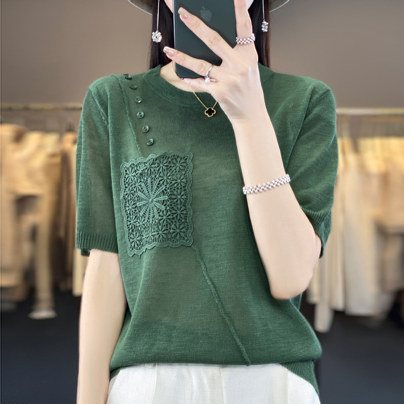 Women's Round Neck Hollow Ice Silk Knitted Sweater Thin Top Summer Korean-style Short-sleeved T-shirt Women's Top