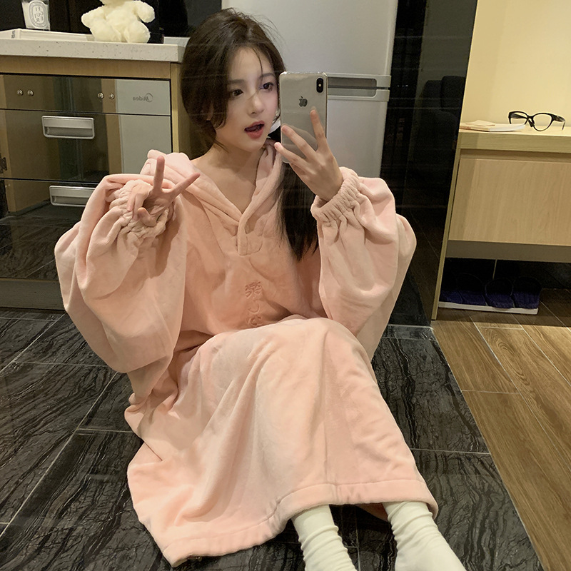 겨울 여성 잠옷 잠옷 산호 양털 두꺼운 따뜻한 빛 럭셔리 후드 홈 옷 커플 남녀