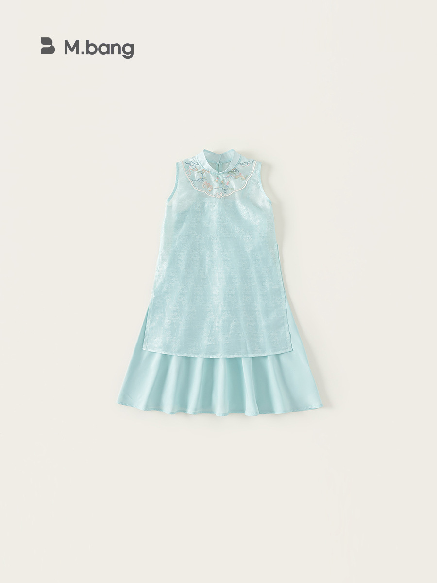 Youbao ropa para niños traje de niña verano bordado estilo nacional cuello alto vestido cheongsam vestido de tirantes de color sólido traje de dos piezas