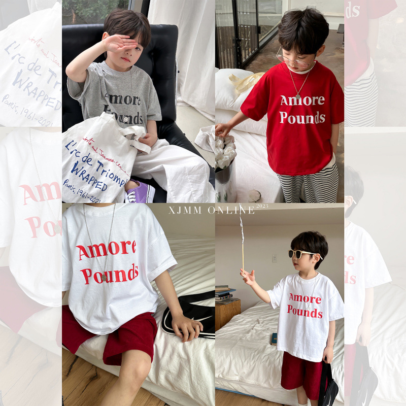 Pure cotton boys' short-sleeved baby t-shirt, summer wear, energetic and loose fit, stylish print for medium and large children.