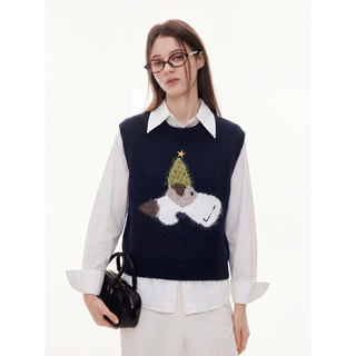 日系复古卡通动物藏青色圆领马甲女早秋季学院风保暖叠穿无袖毛衣