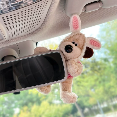 Cute Dog Repair Rearview Mirror Ornaments Lie-prone Doll Car Decoration Central Control Screen Car Doll Car Interior Ornaments Women (Car ornaments) - pink-sweater-dog-rabbit-ears-rear-mirror-ornament