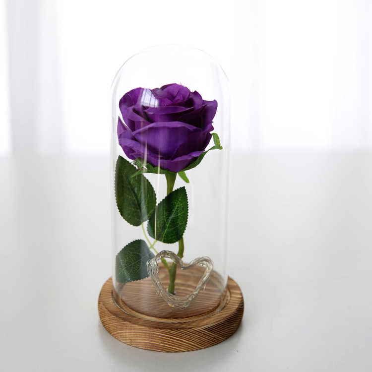 Flor eterna cubierta de vidrio simulación Rosa cubierta de vidrio soporte de regalo generación personalizada LED color quema Luz DE LA Secuencia