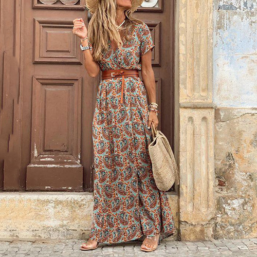 2020 EBAY AliExpress WISH Best-seller Hot Women's Fashion Bohemian V-neck Floral Dress