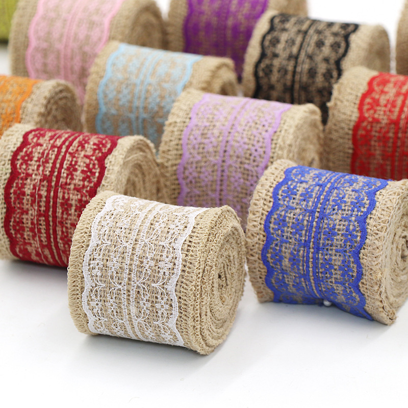 宽6cm中间蕾丝麻布卷麻布带2M/卷 手工DIY装饰黄麻布带厂家批发
