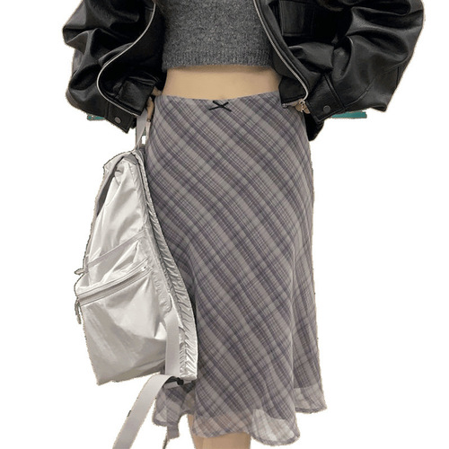 New chic French tweed retro high-waist cross-over versatile contrasting check fish-tail skirt knee-length