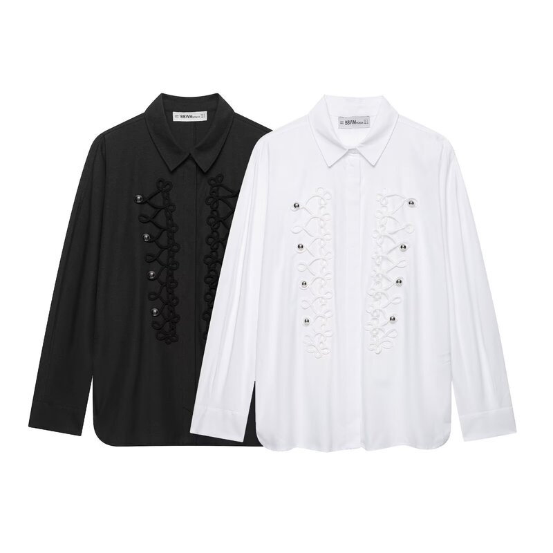 Myst&Za Cross-Border Foreign Trade Women's Clothing Simple and Versatile Long-Sleeved Lapel Embossed Rope Knot Button Poplin Shirt 7019310