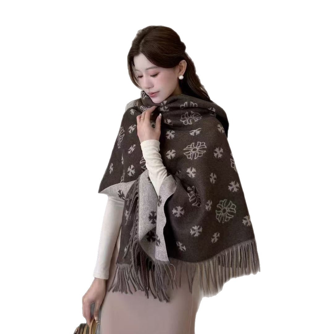 여성 페어아일 자카드 울 혼방 숄 머플러 200×65cm 가죽 라벨 태슬 겨울 목도