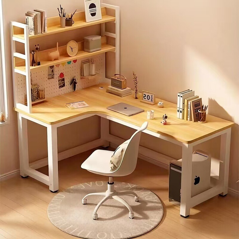 Cream-Colored Corner Desk for Students, Home Study Desk with Integrated Bookshelf, Desktop Corner Pegboard Office Computer Desk