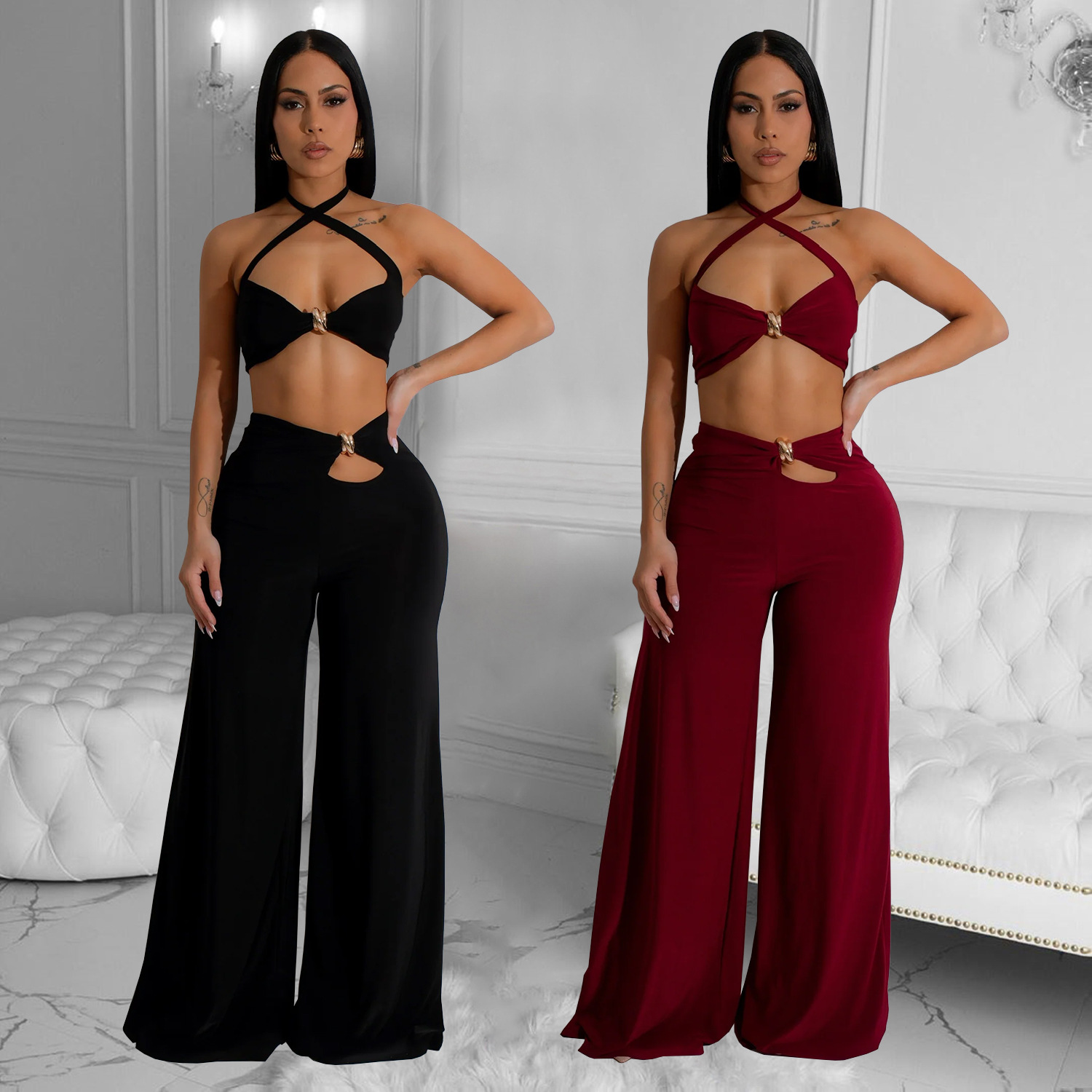 C7236 Aliexpress transfronterizo Amazon Europa y América ropa de moda de mujer de color sólido sexy pantalones de pecho de dos piezas nuevos