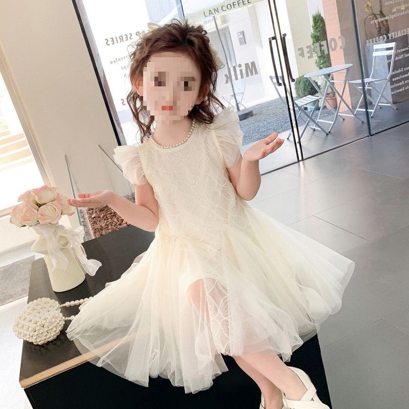Girls' Summer Princess Dress 2025 New Style Little Girl's Milky White Dress Kidsren's Mesh Skirt Summer A-Line Skirt