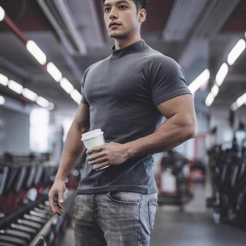 Men's T-Shirt New Casual Sports Fitness Light Plate Solid Color Raglan Double-Sided German Velvet Short-Sleeved Slim Bottoming Shirt