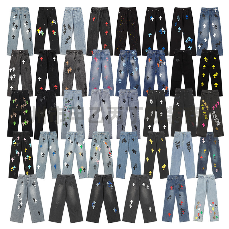 American High Street Style Chrome Washed Vintage Cross Print Jeans Unisex Versatile Couple Straight-Leg Pants American High Street Style Chrome Washed Vintage Cross Print Jeans Unisex Versatile Couple Straight-Leg Pants