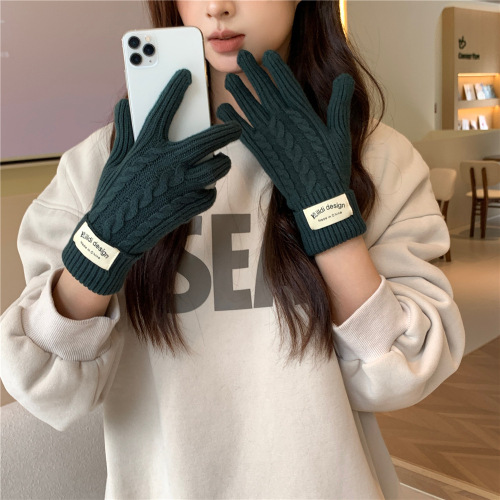 New solid color split finger gloves for winter, thickened touch screen, mobile phone riding, windproof and warm, men's and women's knitted wool