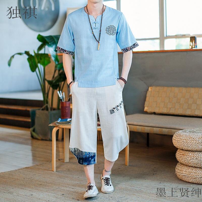 Chinese Style Linen Short-sleeved suit Summer Cotton and Linen Cropped Men's suit Casual Sports Hanfu Tang Suit