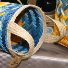 野餐籃柳編籃手提 黃藍編織筐廠家直供收納筐木片編織手提收納籃