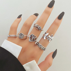New Retro Ring Set for Women, European and American Retro Unique Butterfly Octagon Ring 6-Piece Set Wholesale