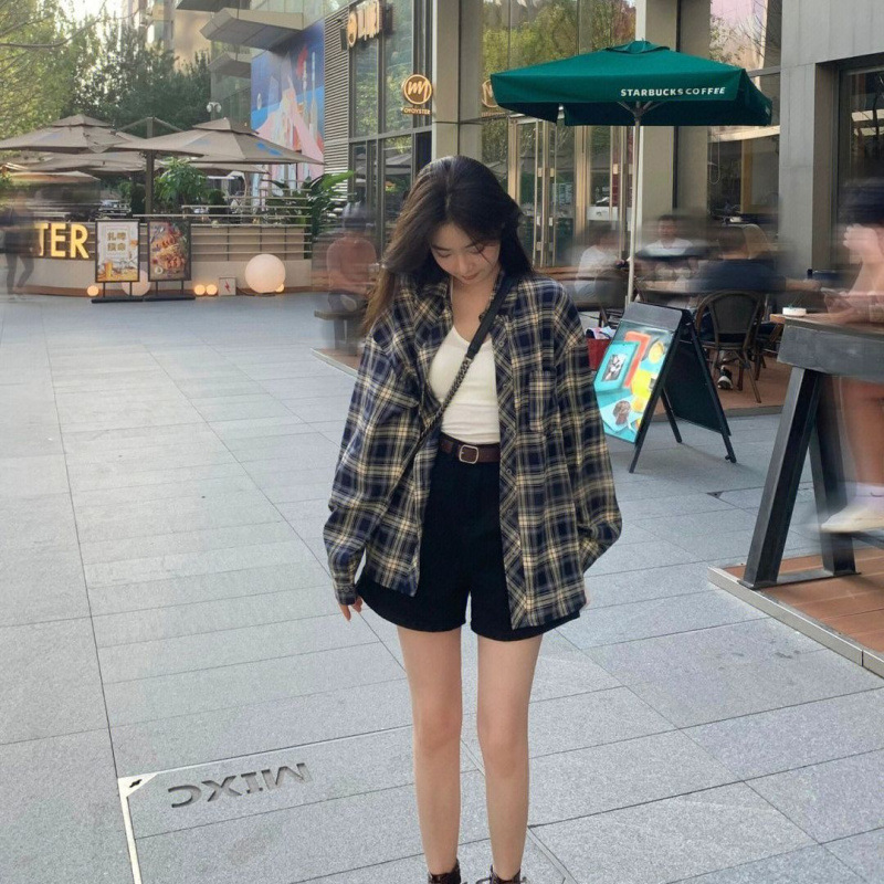 秋冬新款格子衬衫翻领长袖女慵懒风复古宽松衬衣开衫外套上衣衬衫|undefined