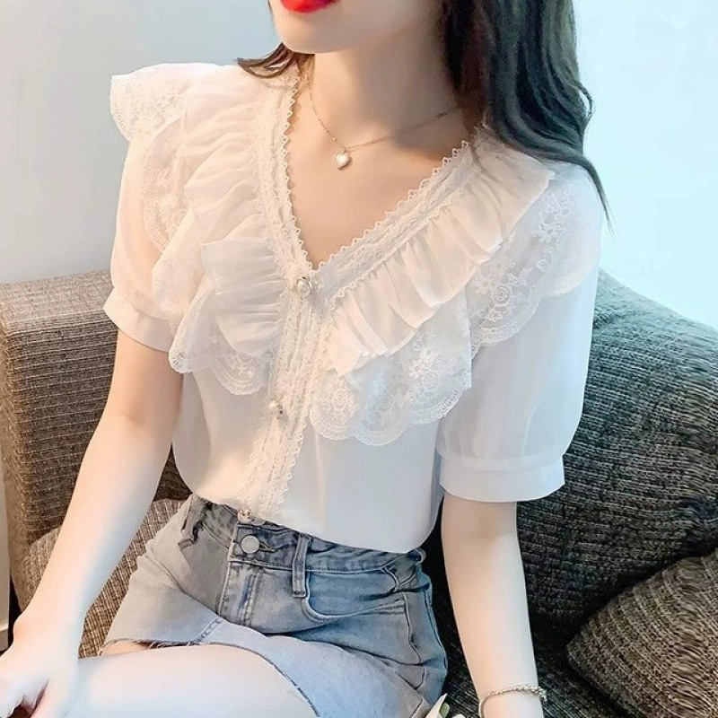 2025 новый летний стиль: милая и изящная блузка с кружевными листьями лотоса, пышными короткими рукавами и белым шифоновым верхом
