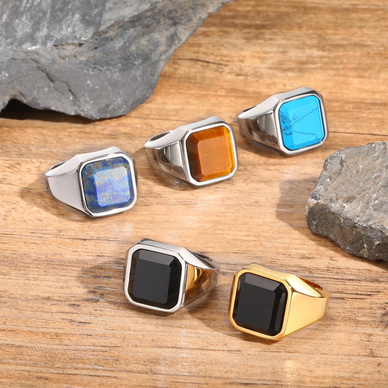 Men's Ring Stainless Steel With Natural Tiger Eye And Black Agate_voghion.com