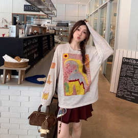 潮牌美式复古慵懒风长袖T恤女秋季卡通抽象涂鸦印花宽松休闲上衣