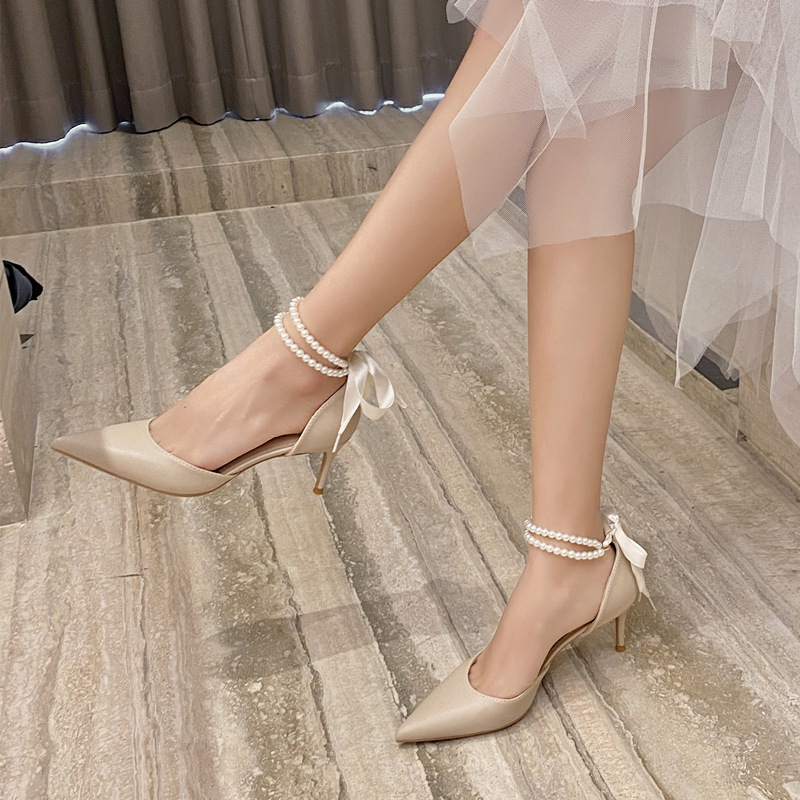 Pearl lace-up high heels 2022 new ins xian net red spring stiletto tip hollow women's sandals wholesales