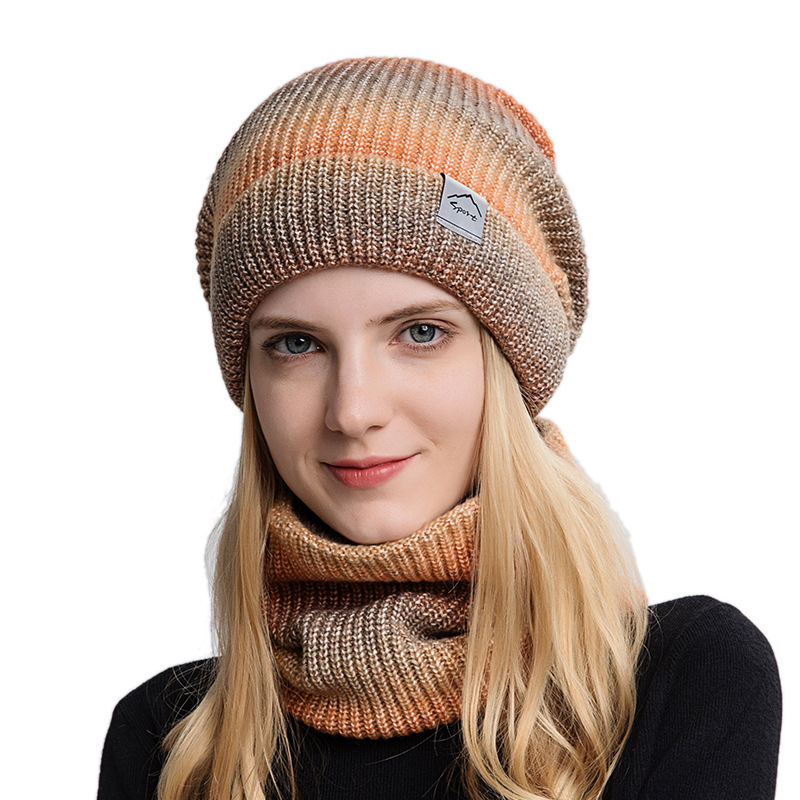 Cappello di lana con cambio graduale di colore autunnale e invernale, spesso, caldo, protezione per le orecchie, cappello lavorato a maglia freddo, set da due pezzi da donna_voghion.com