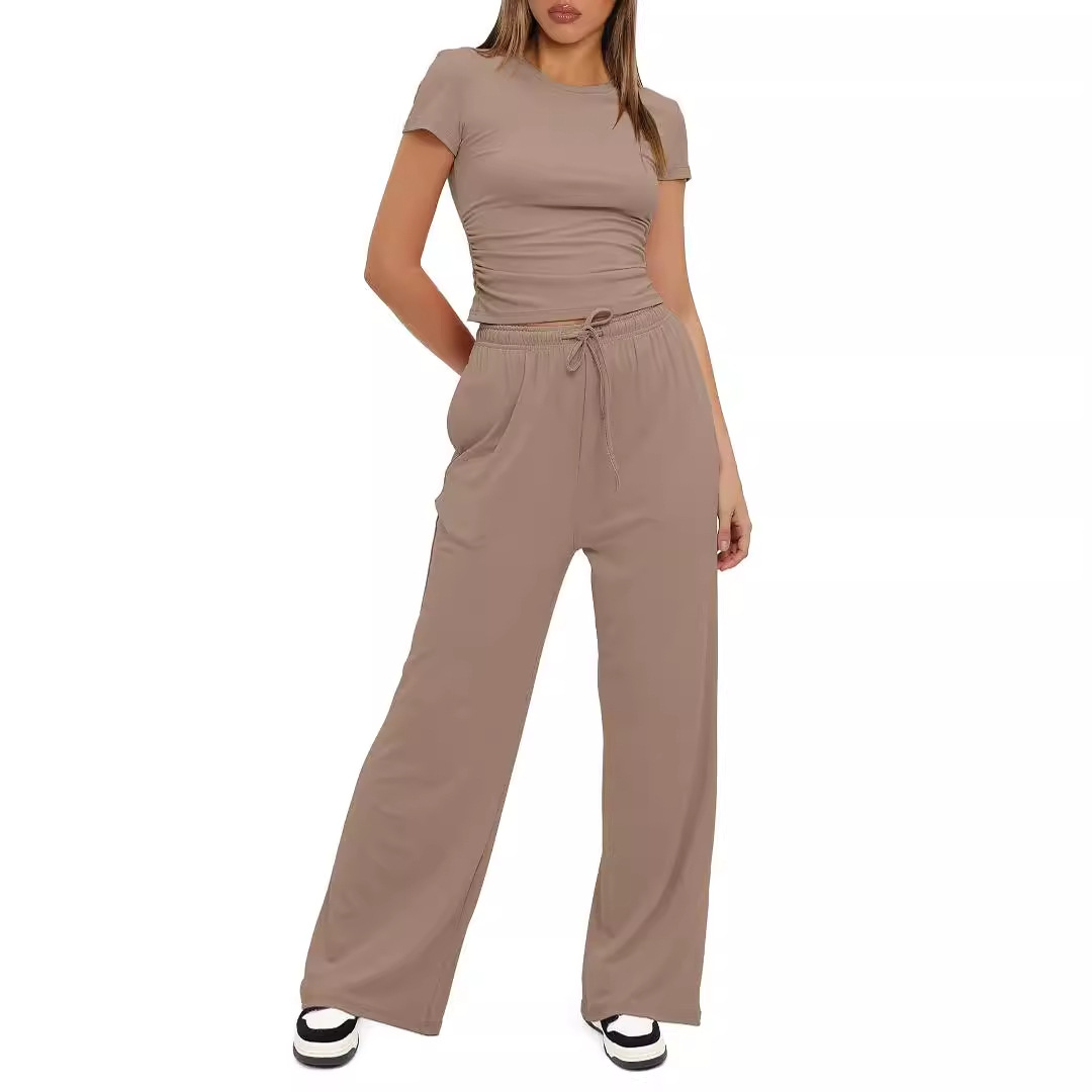 European American Foreign Trade Women's 2-piece Casual Set: Ruffled Short-sleeve Top And High-waisted Wide-leg_ecoleips.com