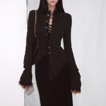 2025新款小香风黑闪闪弹力薄花呢收腰修身显瘦不规则秋冬外套女装