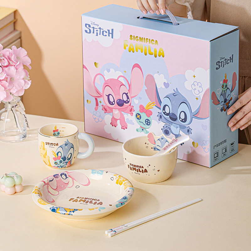 Disney Stitch New Model Five-Piece Set for One Person Nick and Winnie Ceramic Rice Bowl, Chopsticks, Plate and Spoon Set for Gift Giving