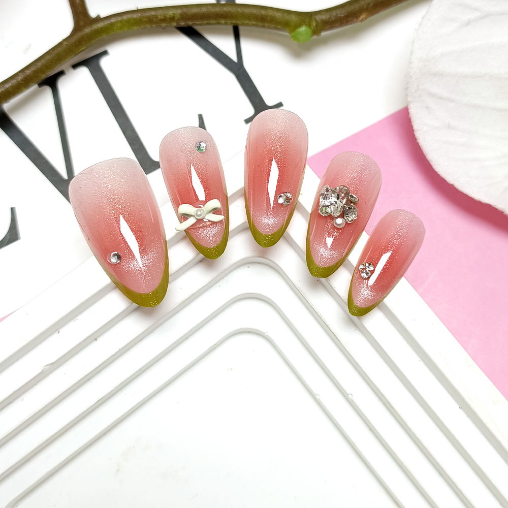 Moda verde francés con uñas, polvo brillante, ojos de gato de diamantes, uñas hechas a mano, uñas postizas de lazo de 10 piezas