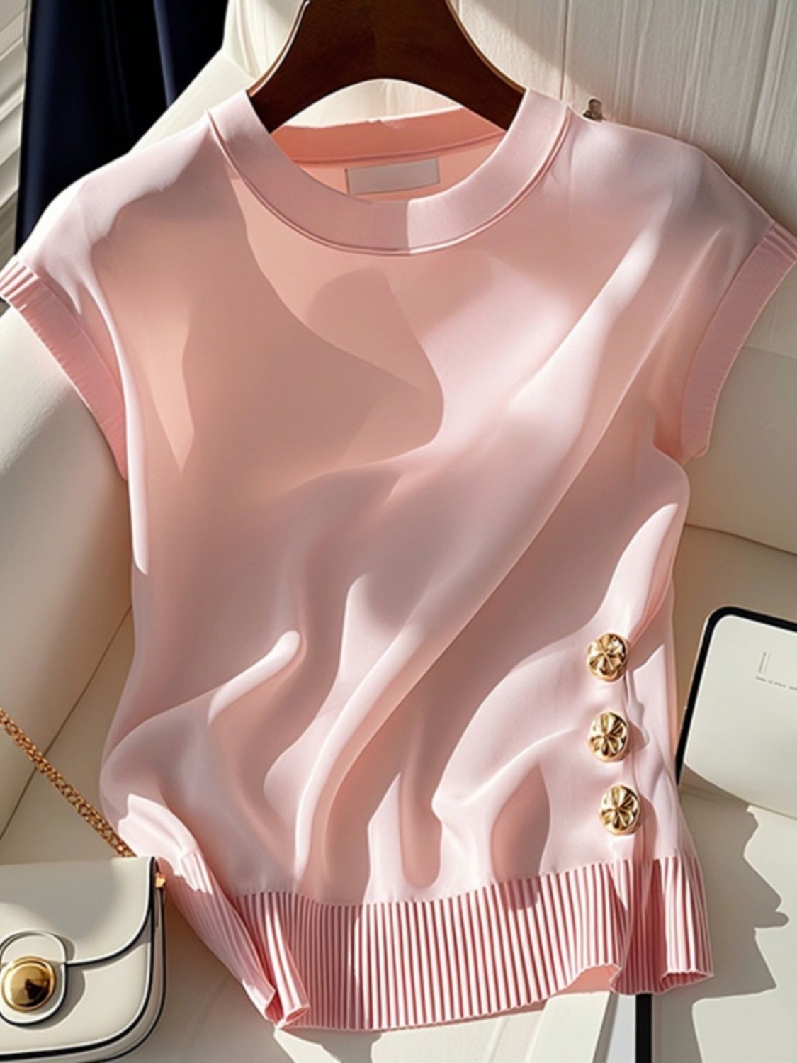 Women's Light Luxury Pink Knit Top Round Neck Sleeveless T-Shirt French Style Summer Chic Fashion For Youthful Women_voghion.com