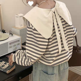 大码polo领条纹卫衣女春秋冬2025新款胖mm宽松短款外套设计感上衣