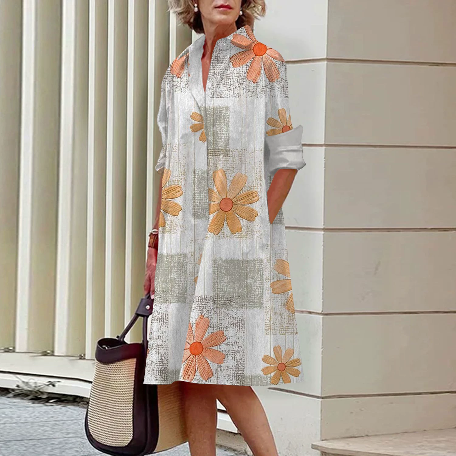 2024 осень-зима новый горячий распродажа женская рубашка с длинными рукавами и отворотом 3D цифровое цветочное платье с принтом темперамента