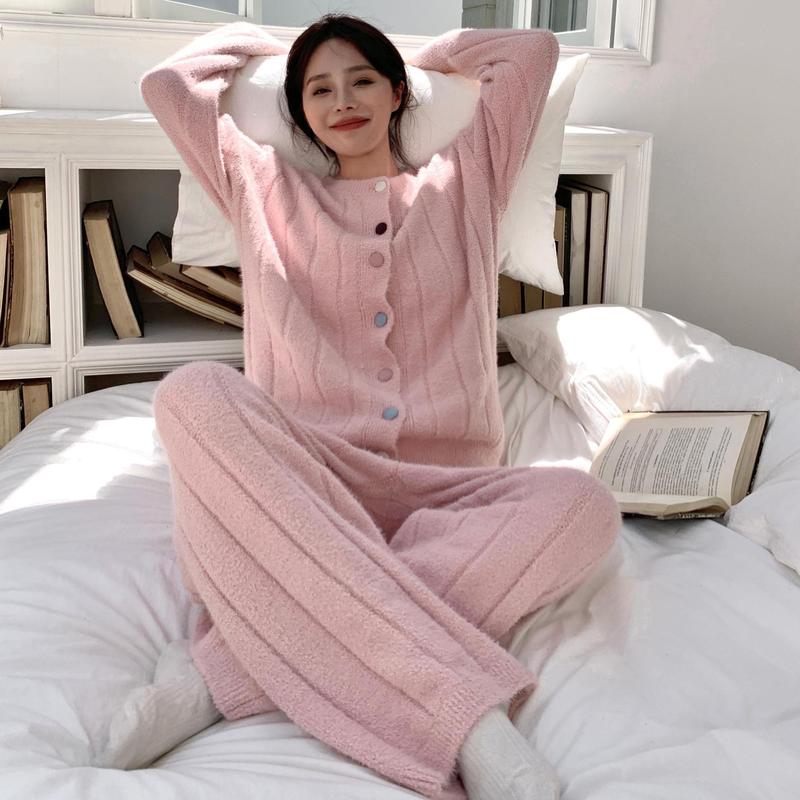 CaCa彩扣轻奢暖貂半边绒睡衣女士秋冬加绒保暖柔软慵懒家居服套装|undefined