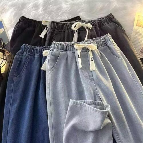 Spring and autumn jeans men's trend all-matching casual loose straight pants elastic waist long pants drawstring design