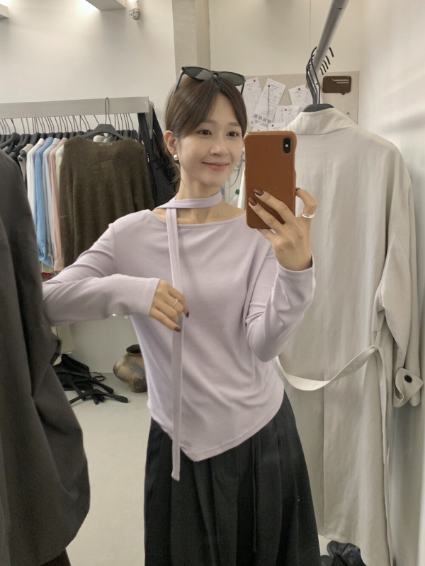MISS密思家2025秋季气质温柔风不规则下摆飘带长袖T恤女打底上衣|undefined