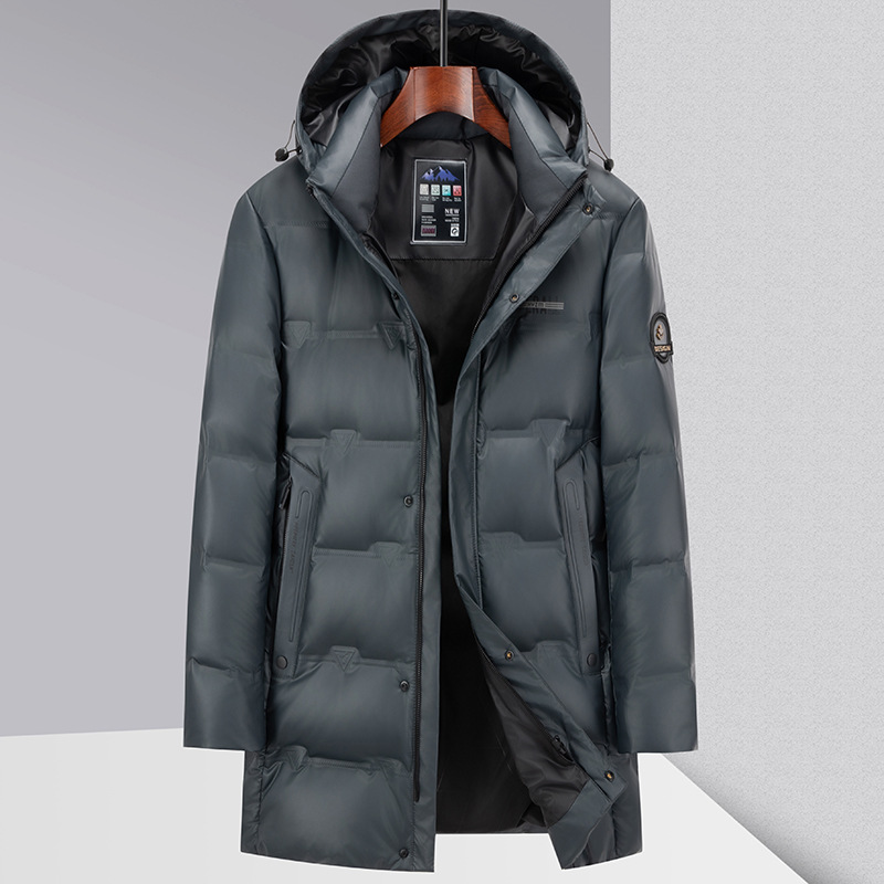 新型ダウンジャケット男性ミディアムロングフード付きダウンジャケット防寒保温中青年pu皮面防水ダウンジャケット