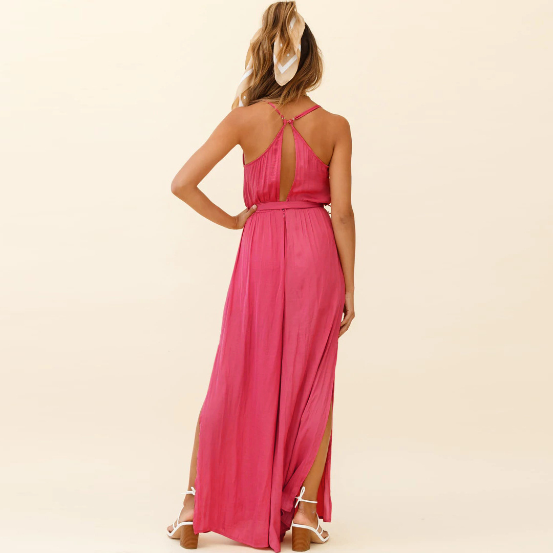 V-neck suspender wide-leg slit lace-up solid color jumpsuit NSMDF131112