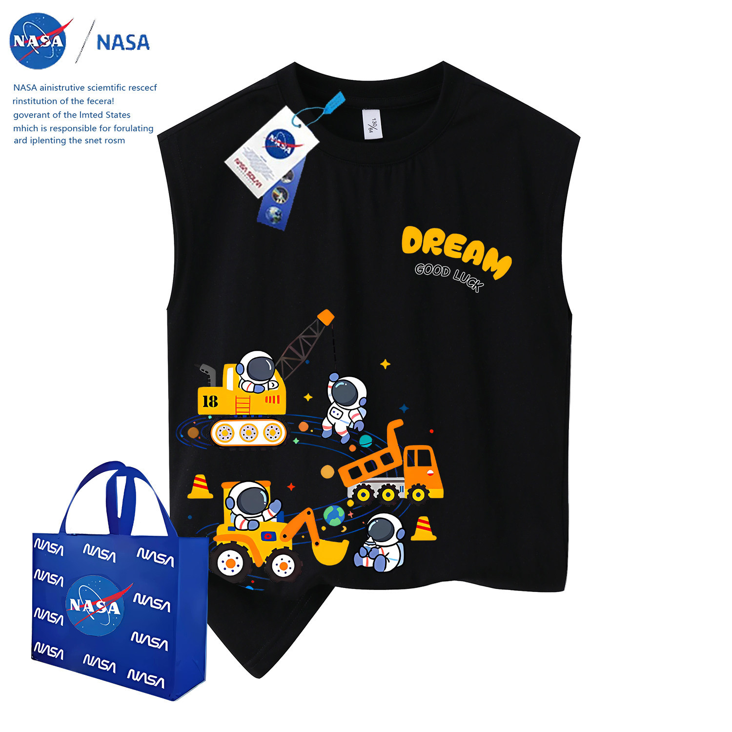 NASA trendy astronaut print top, cartoon inner layer, children's summer fashion boy's vest T-shirt