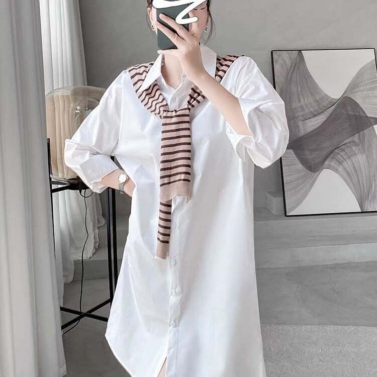 White loose-fitting long shirt dress without belt, cardigan style, new spring model, loose fit, plus size, long sleeve, Korean style