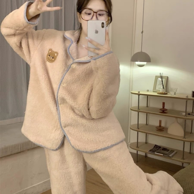 잠옷 여성의 가을과 겨울 칼라 산호 양털 따뜻한 플란넬 보우 포켓 느슨한 캐주얼 홈 의류 세트