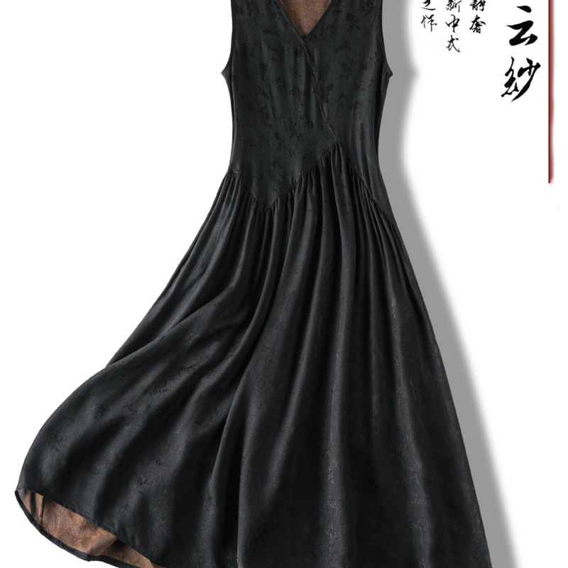 High-End Black Light Chinese-Style Silk Xiangyun Yarn Vest Dress for Women, Sleeveless V-Neck A-Line Holiday Style Flared Skirt for Summer High-End Black Light Chinese-Style Silk Xiangyun Yarn Vest Dress for Women, Sleeveless V-Neck A-Line Holiday Style Flared Skirt for Summer