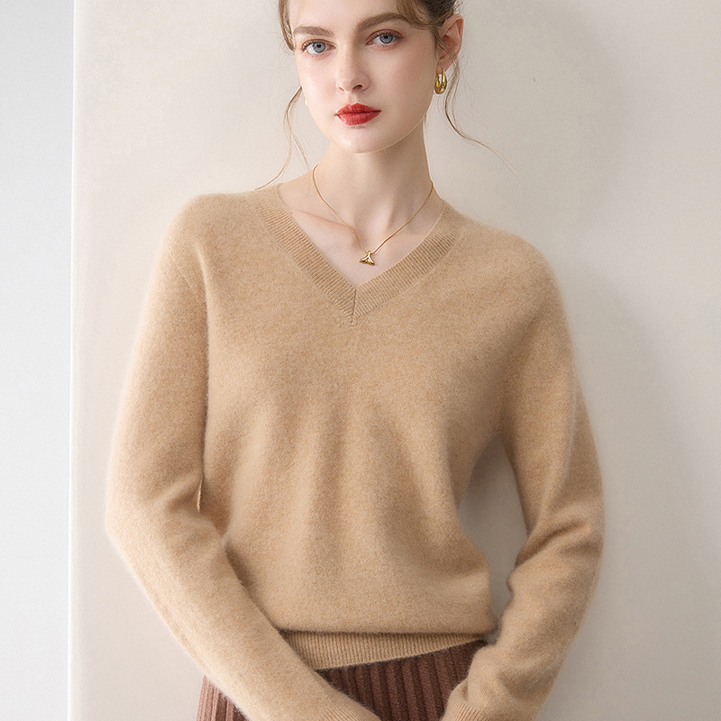 100% Pure Cashmere Sweater for Women, V Neck Seamless One-Line Ready-To-Wear, Simple and Versatile Cashmere Sweater, Close-Fitting Bottoming Shirt