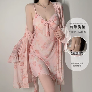瑰若纯欲蝴蝶印花冰丝睡衣火辣诱惑加胸垫睡裙外袍家居服套装5727