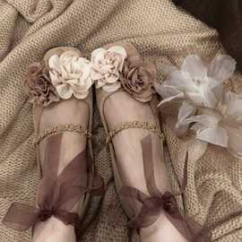 2025年春季新款时尚仙女风绑带仙气单鞋女花花气质百搭平底单鞋